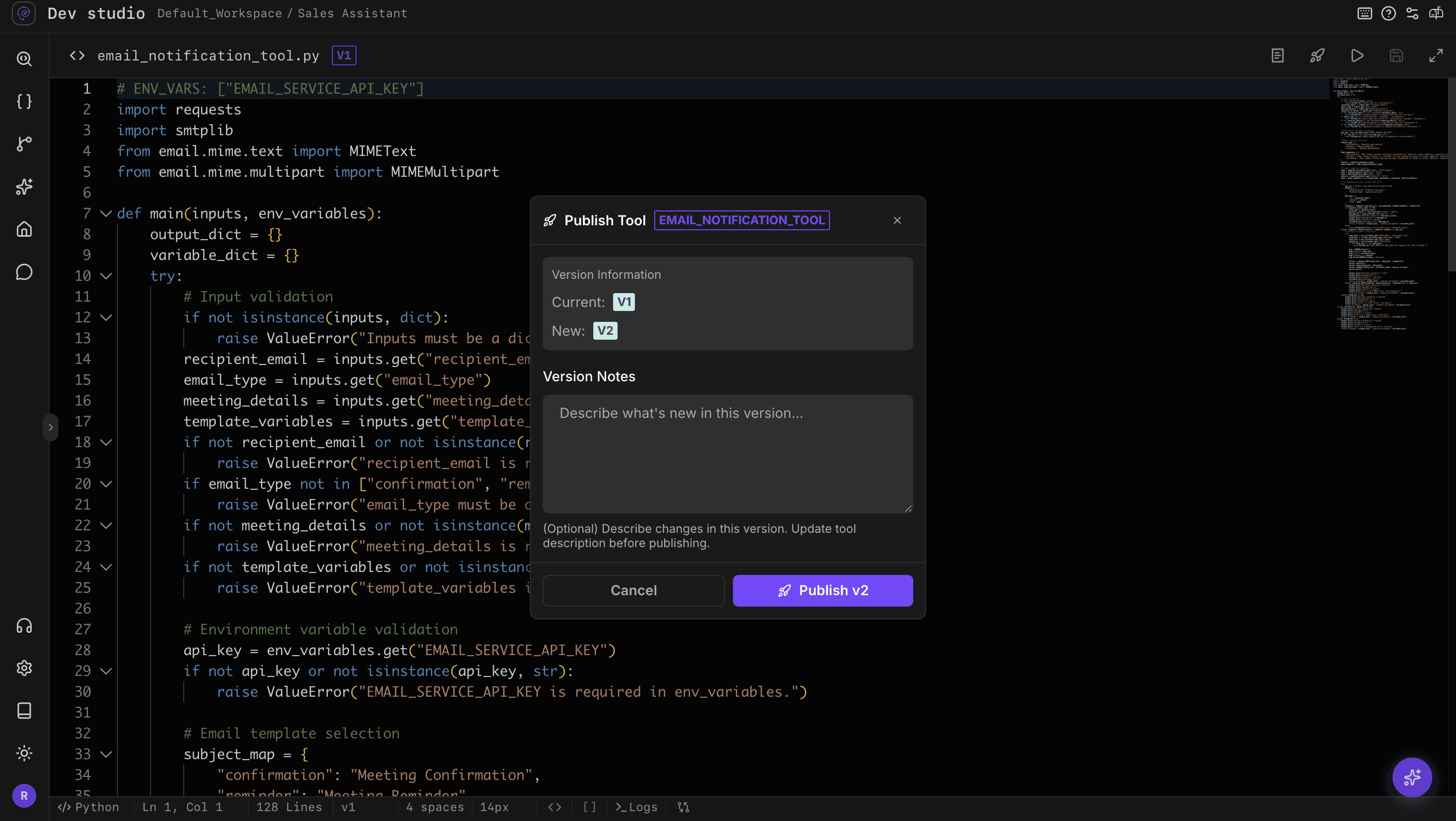 Image of publish modal in dev studio